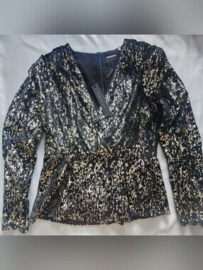 ELIE TAHARI Black & Gold Sequin V-Neck Peplum Blouse / Top NWT